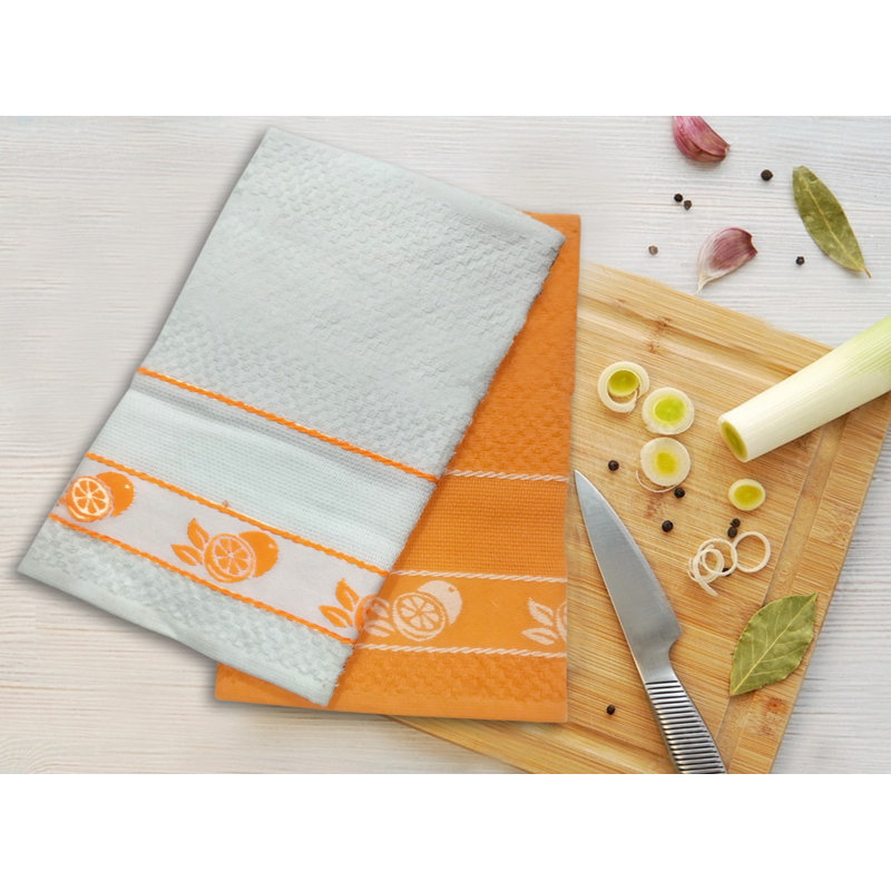 Ensemble de 2 serviettes de cuisine en jacquard blanc-jaune, Blanc / orange