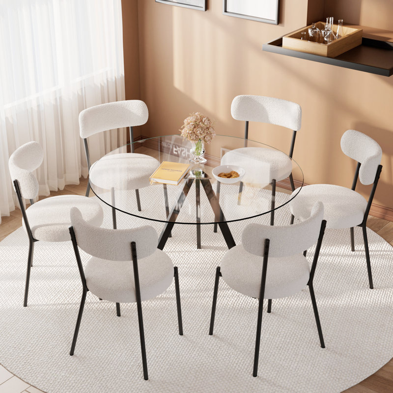 Glass Top Dining Table Set for 4 with Teddy Chairs, 29.5" H x 47" W x 47" D, 7 Pieces: Table, 6 Chairs, White