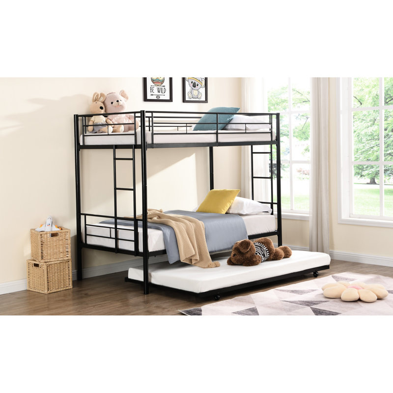 Twin Over Metal Bunk Bed With Trundle, Black - Modern Bedroom Addition For Comfort, Space Saving Design, Steel Frame, Quiet And Stable Performance, Safe Stairs, Simple Assembly Process, No Box Spring