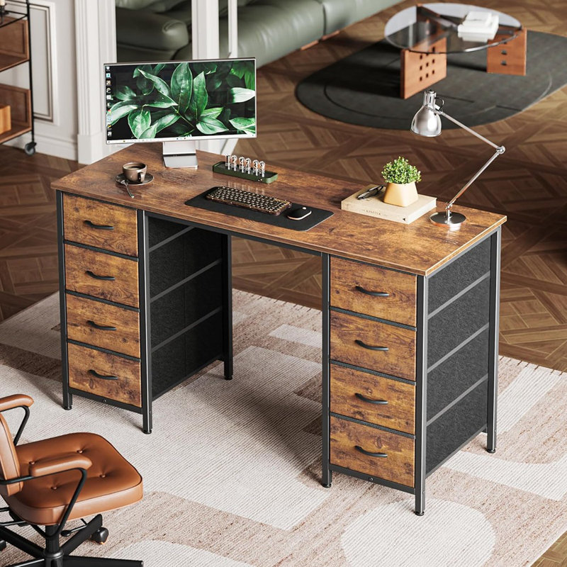 Bureau d'ordinateur 47 pouces avec 8 tiroirs en tissu, bureau de travail pour bureau personnel, bureau, bureau de jeu avec tiroirs, grand rangement, brun rustique