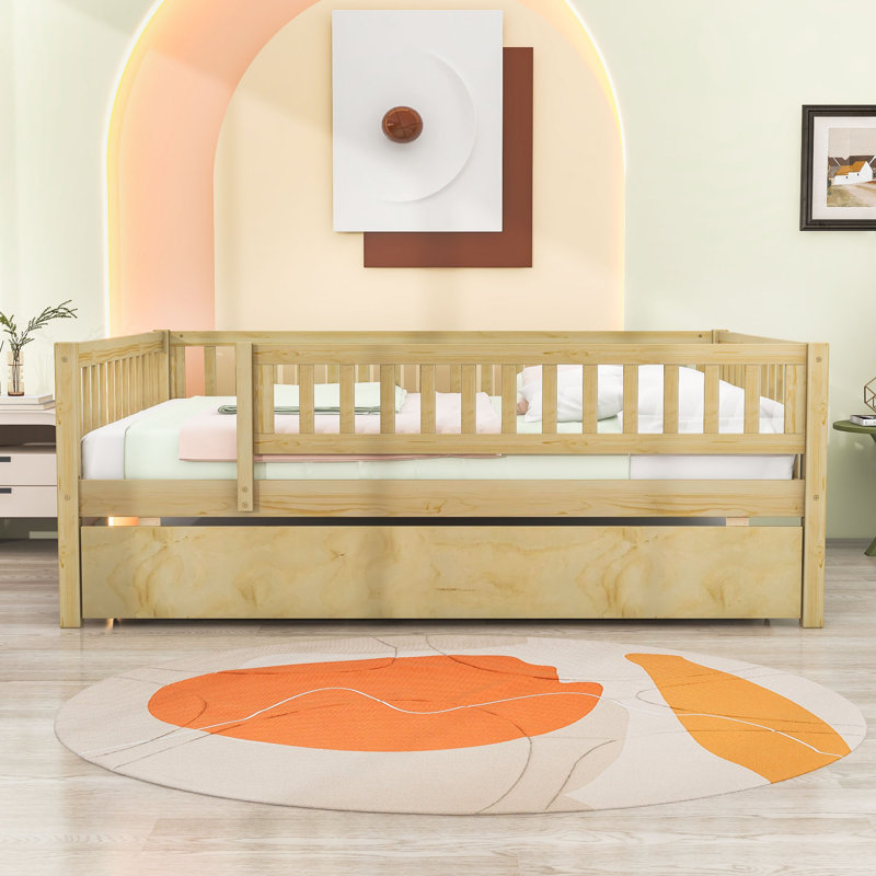 Wood Daybed with Twin Trundle and Guardrails, Natural, Full/Double