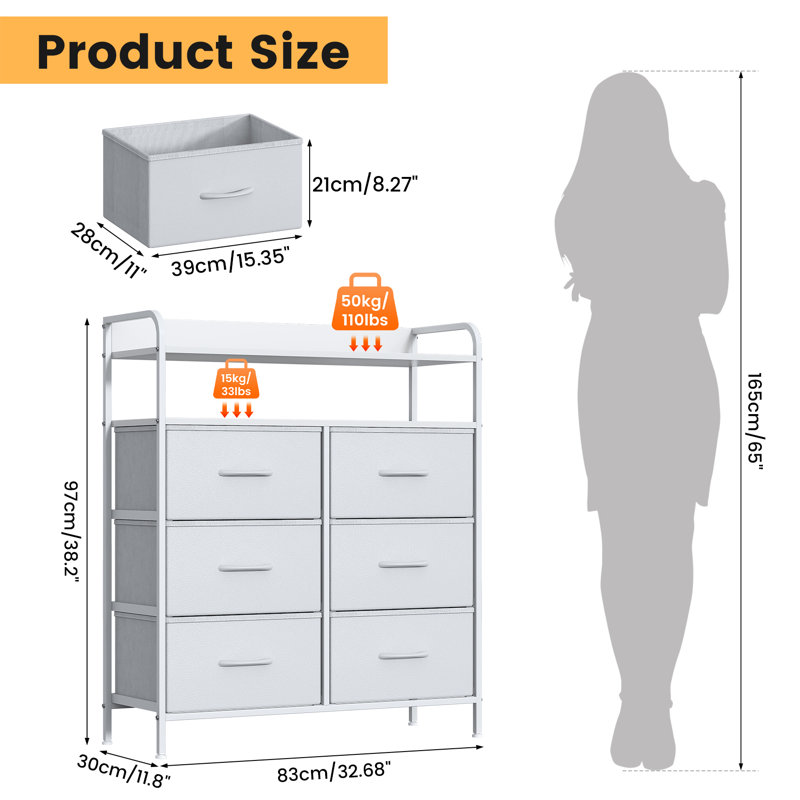 30 cm W Chest of 6 Drawers, Whie