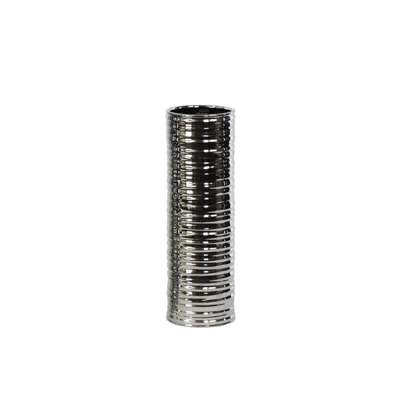 Ceramic Round Cylindrical Vase with Ribbed Design Body SM Polished Chrome Finish Silver..4.50"x4.50"x13.75"H