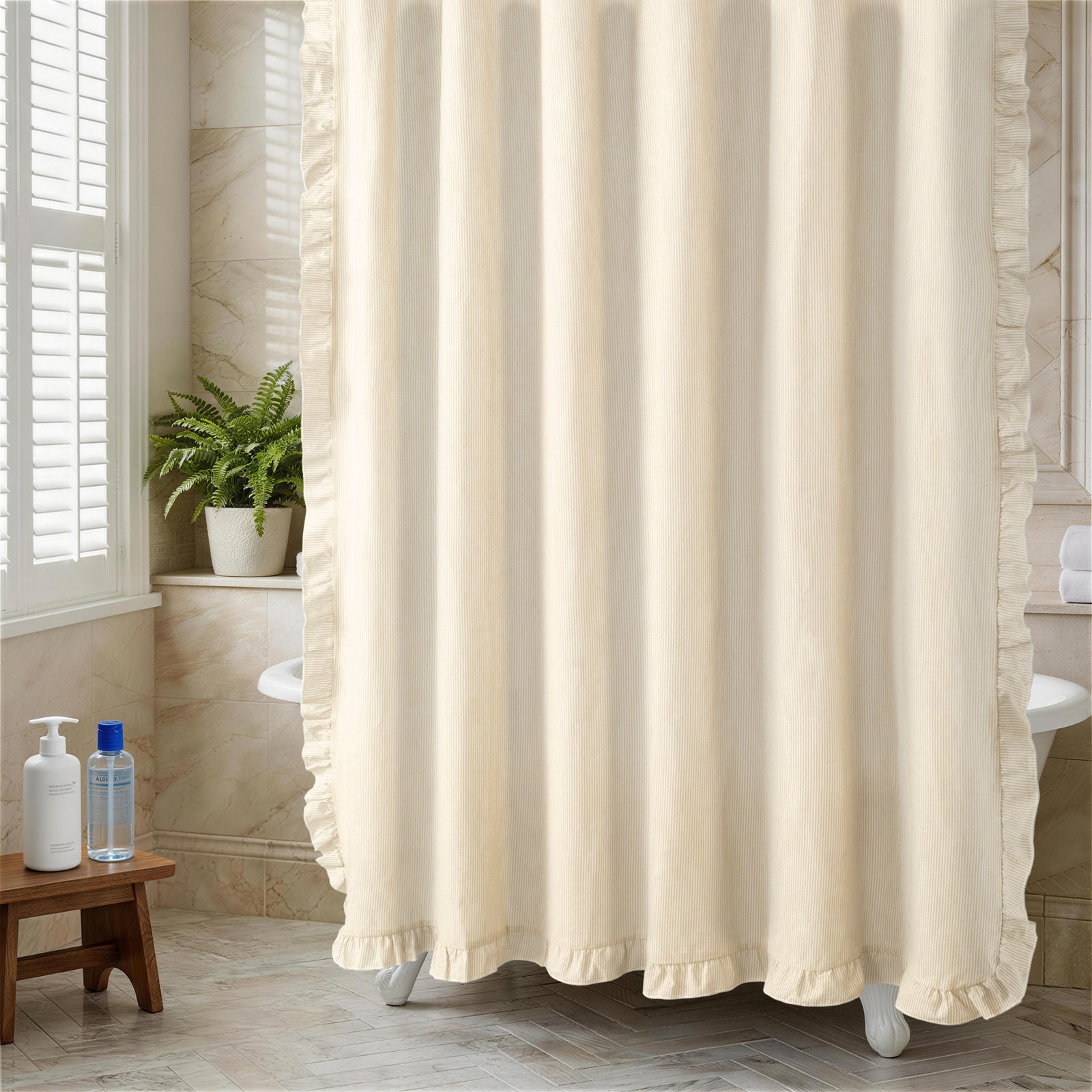 100% Cotton Striped Button Hole Shower Curtain With Ruffle, Beige