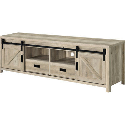 Meuble télé pour téléviseur de 70 à 79 pouces, portes coulissantes, deux tiroirs, charme rustique, design d'espace, fonctionnalité moderne, meuble télé en bois d'ingénierie de 23,5 po de hauteur et 80,96 po de large, compatible, grand