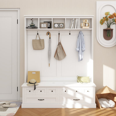 Élégant portemanteau élégant avec 5 crochets, banc de rangement polyvalent avec 2 tiroirs, portemanteau rétro en bois 3-en-1 avec poignées noires pour le salon, l 59 po x H 74 po