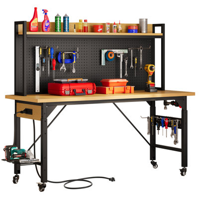 Alica 59.1'' W Manufactured Wood Top Height-Adjustable Workbench with Wheels