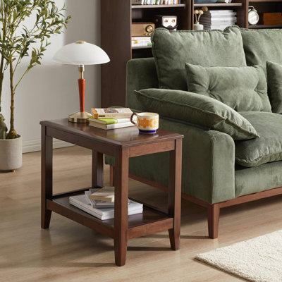 Rustic Solid Wood Side Table with 2-Tier Storage