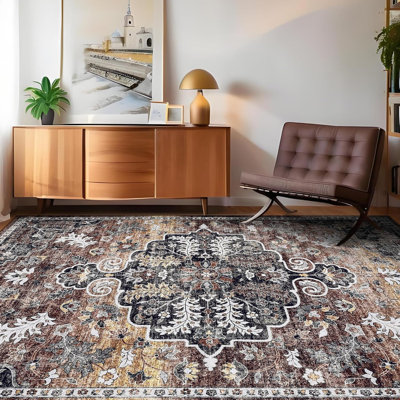 Ultra-Thin Washable Runner Rug 2x6 Non-Slip Non-Shedding Vintage Hallway Runner Stain-Resistant Indoor Entryway Brown/Red