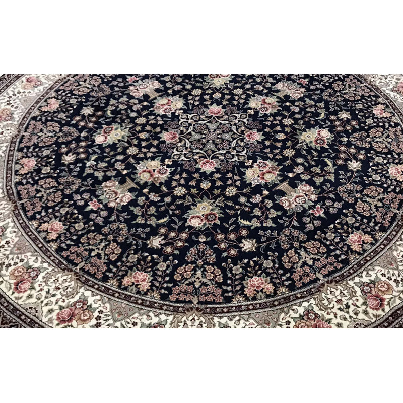 Tapis bleu marine et ivoire de haute qualité noué à la main