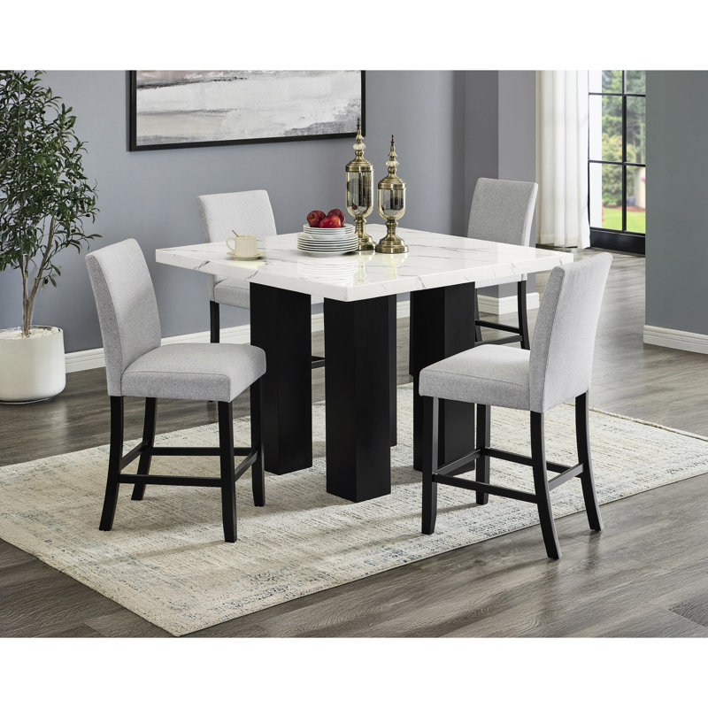 Table de salle à manger à hauteur de comptoir contemporaine, plateau de table en faux marbre, pieds en bois noirs, surface carrée à hauteur de comptoir élégante, utilisation pratique