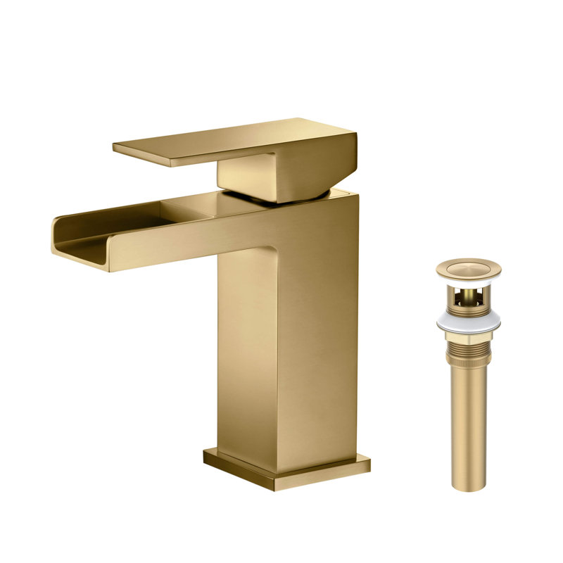 Waterfall Single Hole Bathroom Faucet, With Drain Assembly, Brushed Brass