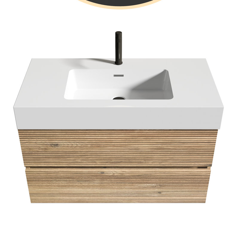 Meuble-lavabo mural Mid-Century moderne en chêne brut de 36 po, lavabo une pièce, poignée dissimulée, 20% plus de meuble-lavabo, système silencieux, trous en U