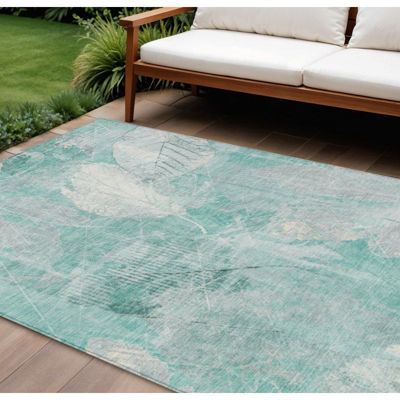 Tapis extérieur lavable floral bleu sarcelle et ivoire 10 pi x 14 pi