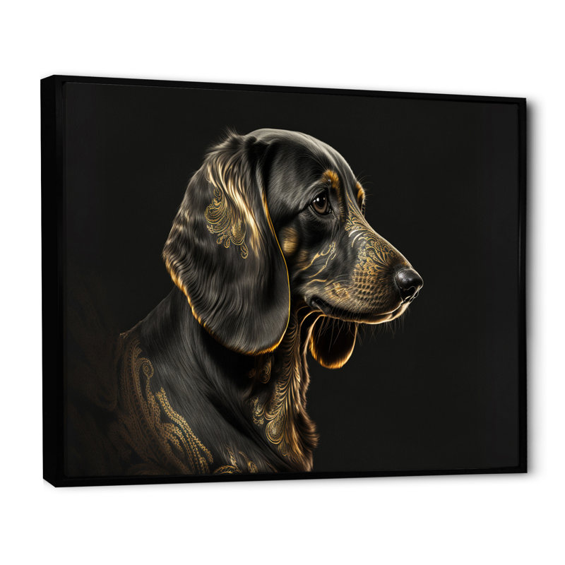 Portrait d'un teckel glam noir VI - reproduction sur toile, L 32 po x H 24 po, Toile avec cadre flottant noir