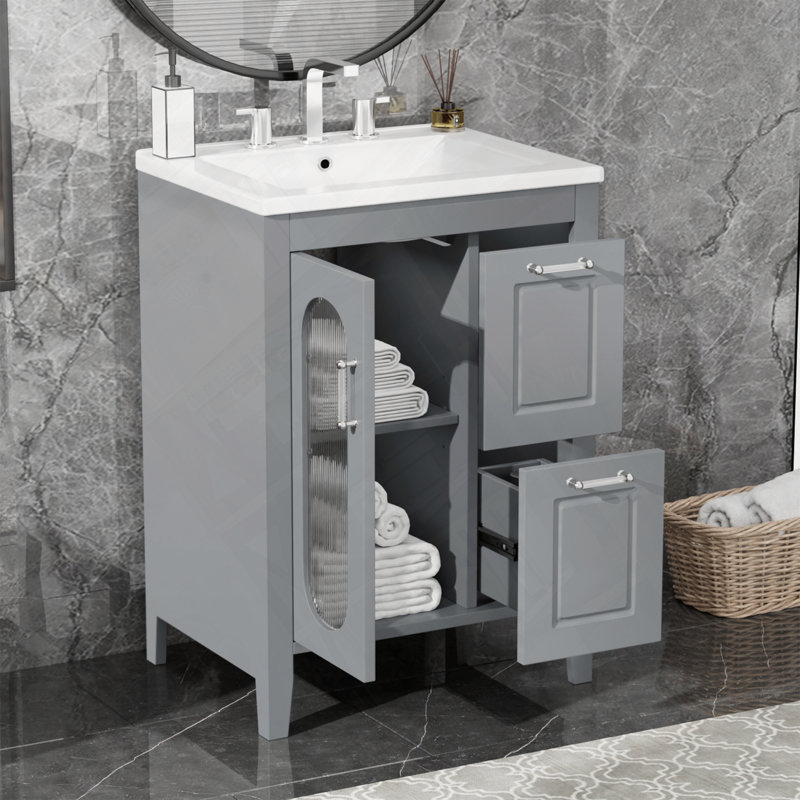 Meuble-lavabo de salle de bain avec porte à deux tiroirs et tablette réglable, Gris
