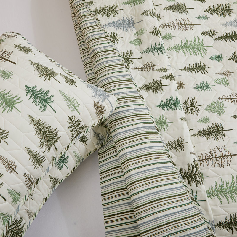Rustic Lodge Trees Microfiber Reversible Quilt Set With Shams, Full / Queen Quilt + 2 Standard Shams