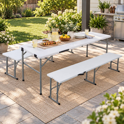 70-Inch 3-Piece Folding Picnic Table Set with 2 Benches and Wood-Grain Top