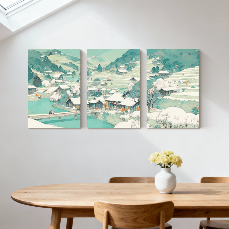 Paysage et nature, paysage de village d'hiver avec maisons enneigées et pont, ensemble de 3 impressions sur toile