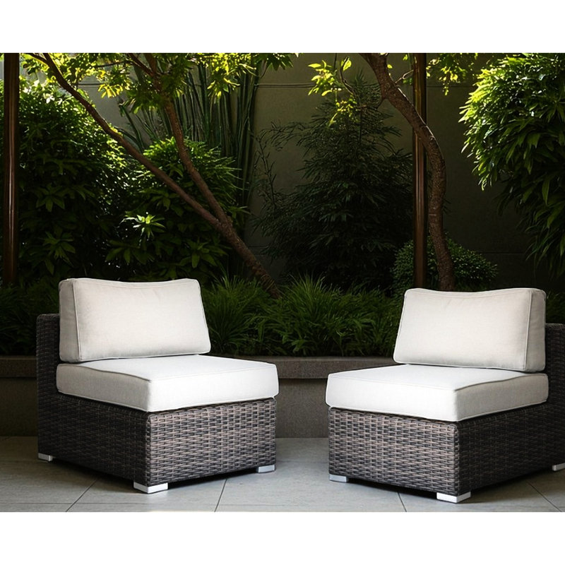 2 sièges brun sans accoudoirs pour le patio, 4 coussins amovibles, structure rouille, silhouette neutre à profil bas, support durable