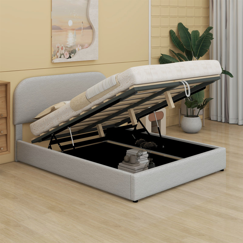Upholstered Platform Bed With Hydraulic Storage System, Full / Double, White