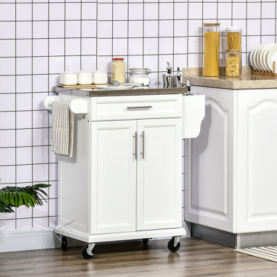 Îlot de cuisine sur roulettes, chariot de cuisine avec comptoir en acier inoxydable, tiroir, porte-serviettes et support à épices, chariot de rangement HOMcom