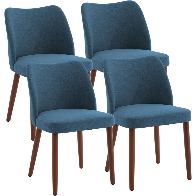 Upholstered Dining Chair with Wood Legs, Wing Backrest, Wooden Kitchen Chair with Thick Cushions, Blue, 4