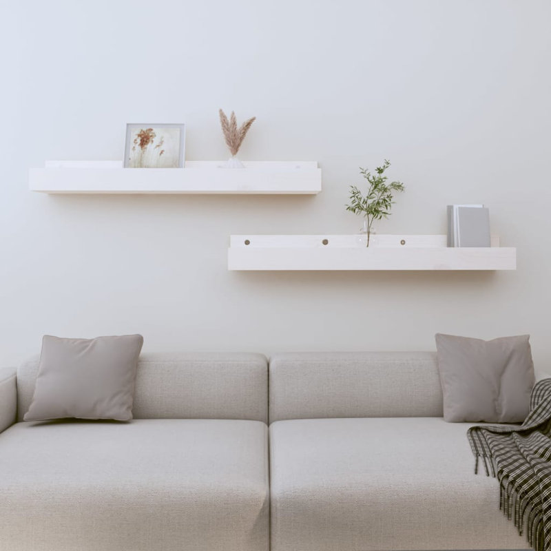 Wall Shelves 2 Pcs Solid Wood Pine, White, 9cm H x 80cm W x 12cm D