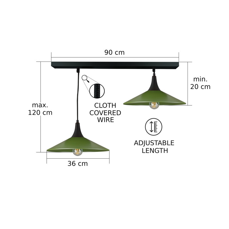 - Light Matte Black Dome Pendant, Black/Khaki, 120cm H x 105cm W x 36cm D, 2 Lights