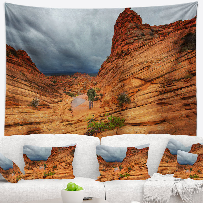 Paysage, tapisserie, vermillon, falaises sauvages, H 68 po x l 80 po