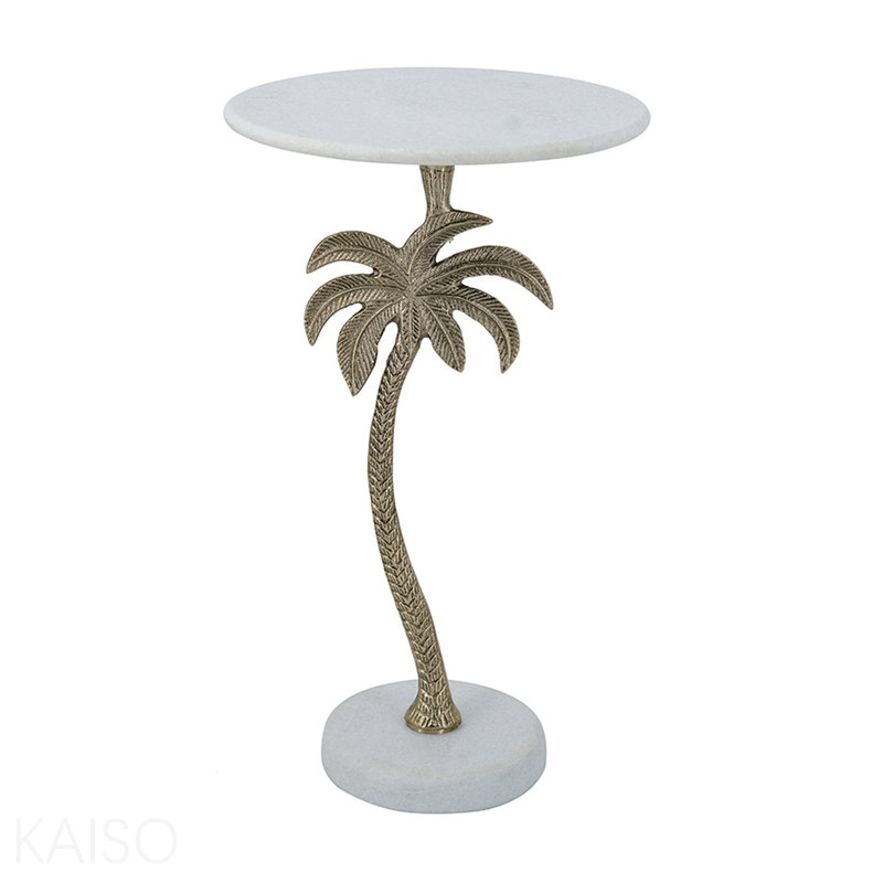 Table d'appoint ronde 14 po x 14 po x 24 po - Plateau en marbre blanc, motif de palmier doré