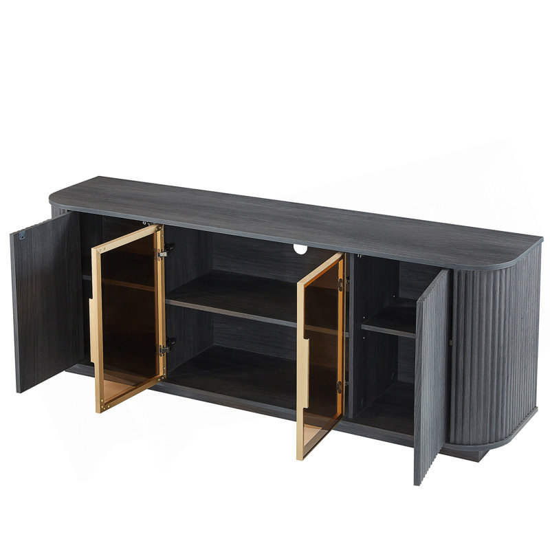 Meuble télé moderne ondulé de 64 pouces avec éclairage à DEL, portes en verre trempé et rangement multifonctionnel