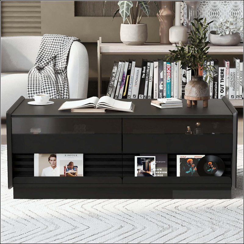 Table basse rectangulaire avec 4 tiroirs et 2 tablettes, décorations en verre trempé, Noir
