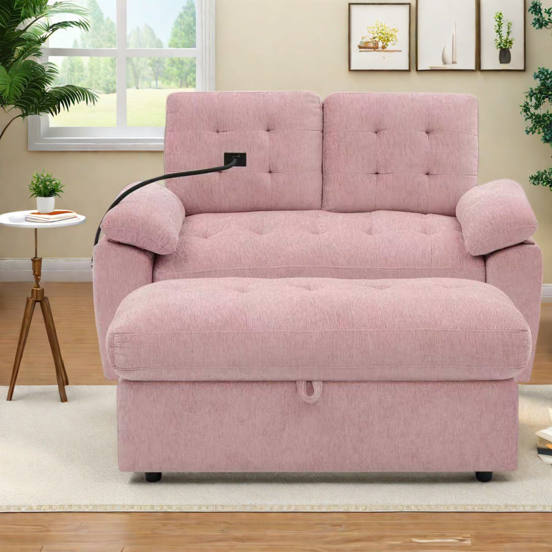 Fauteuils inclinables réglables avec rangement, canapé deux places moderne en chenille rose pour la maison, Pink Chenille