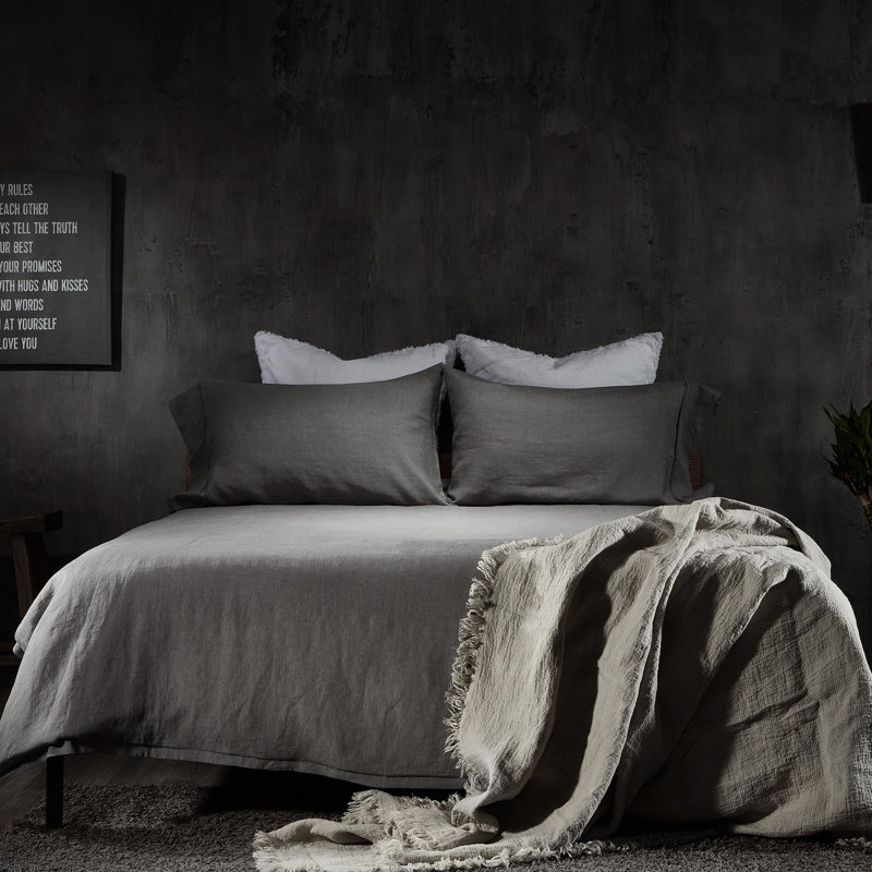 Ensemble de literie en lin, Ensemble de draps pour très grand lit avec 2 taie, Gris crépuscule / noix de coco grillée