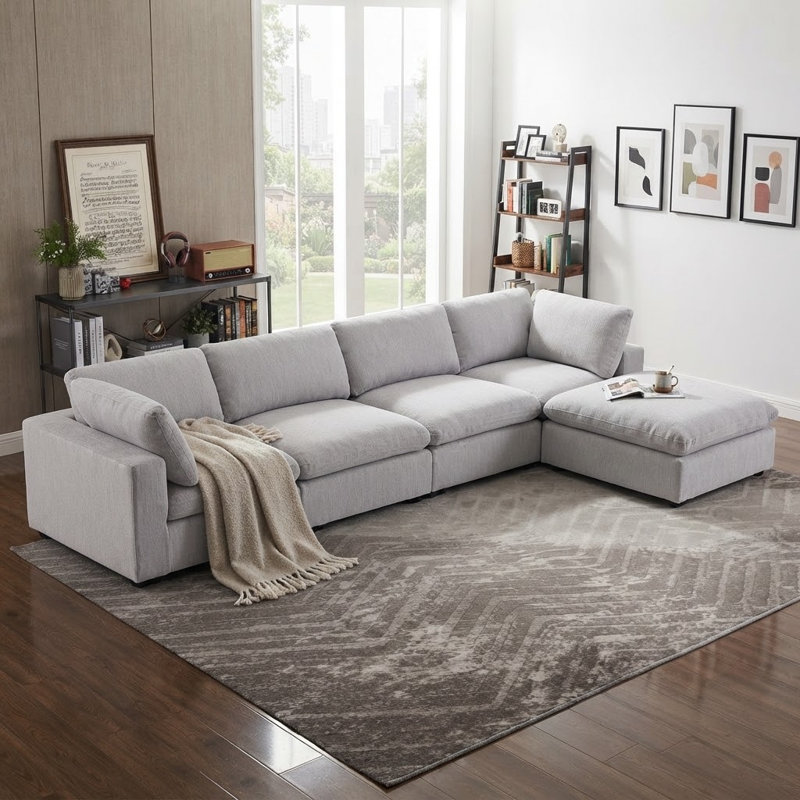 5-Piece Minimalist Modern Soft-Upholstered Sectional With Ottoman, Light Gray