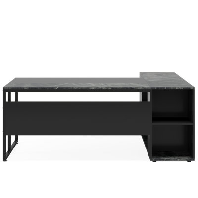 Bureau de direction en L 71 po avec armoire de rangement et tablettes, grand bureau d'ordinateur industriel, poste de travail professionnel avec meuble pour imprimante et support pour unité centrale, noir