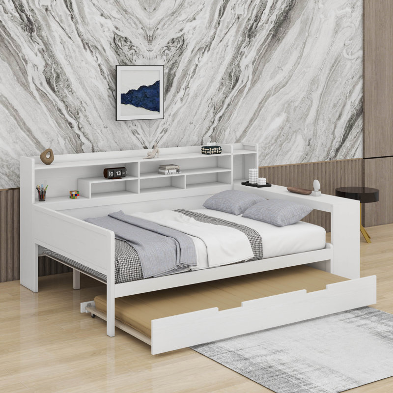 Twin Daybed With Storage Shelves,Trundle Bed And Study Desk, Antique White, Full / Double
