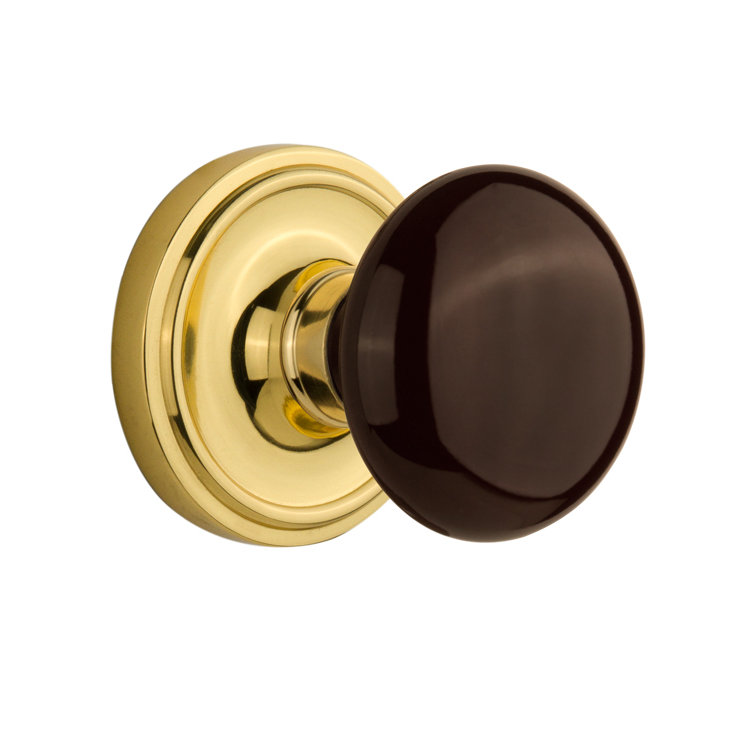 Rosette classique avec bouton de porte en porcelaine brune, Laiton non laqué, 2-3/4"