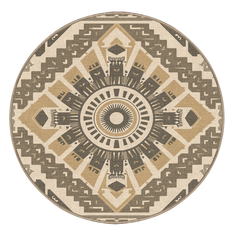 Machine Washable Roslindale Global Inspired Block Print Rug in Gray – Beige Binding, 5' Round