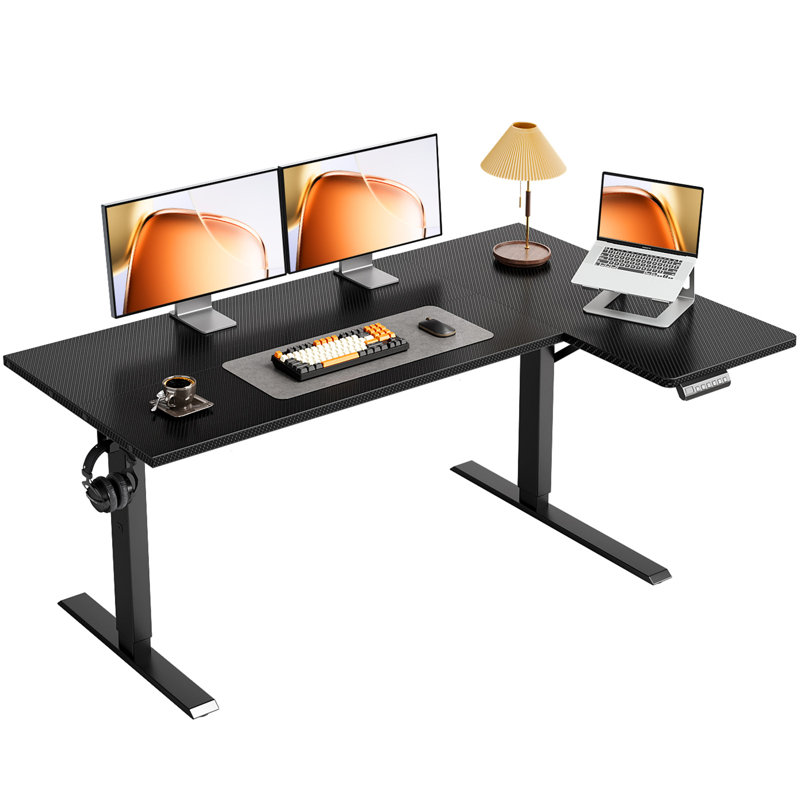 L-shaped Standing Desk With Electric Lift And Memory Presets, Corner Computer Desk With Reversible Design, Home Office Desk With Spacious Work Surface, Height-adjustable Desk With Storage Hook