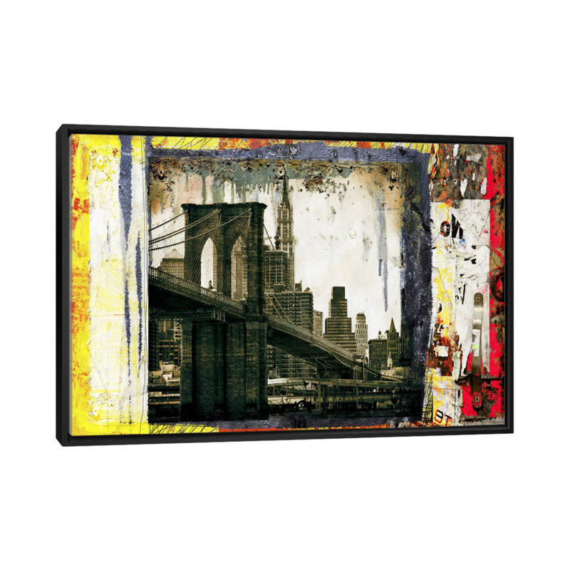 «Pont Brooklyn Pancarte» par Luz, reproduction de photo sur toile, H 18 po x l 26 po x P 1,5 po, Pas de tapis