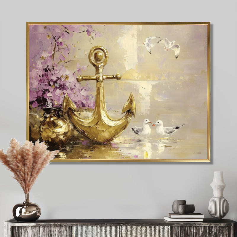Ancre et mouettes I - reproduction d'art côtier, H 34 po x l 44 po, Impression dans un cadre flottant sans passe-parto, Gold