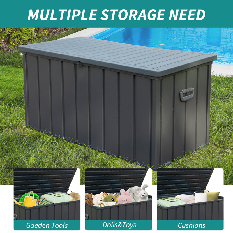 Domi Louvred Deck Box 100 Gallons Water Resistant Lockable with Wheels, 23.43"H x 49.41"W x 24.69"D