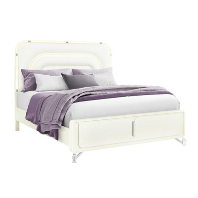 King Bed With Led, Beige Main Color, Contemporary Design, Geometric Design Legs, Rounded Edges, Solid Wood+ Construction, Upholstered For Bedroom Led Headboard,