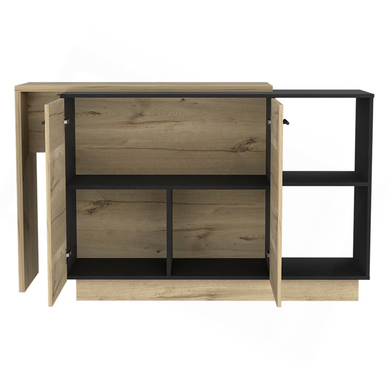 Kitchen Island, Double Door Cabinets, Two External Shelves, Three Shelves, Black