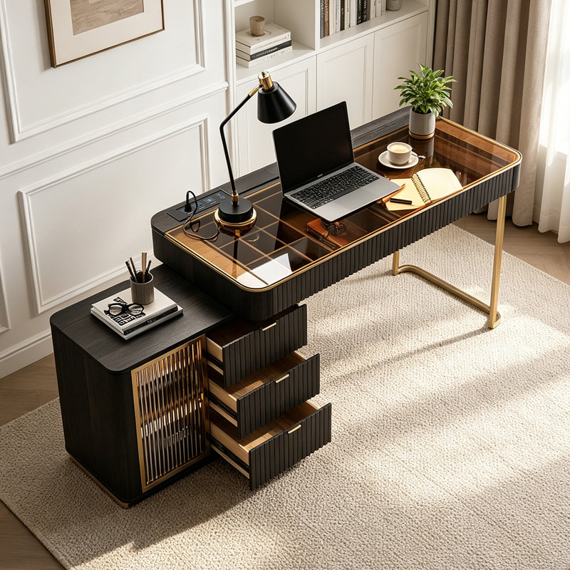 Dibora Glass Excutive Desk with Built in Outlets Very easy to assemble, 29.5" H x 50" W x 23" D, Black Brown/Gold