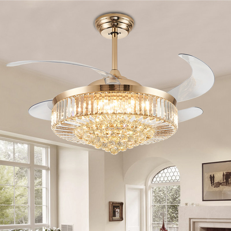 Houstyn Dimmable Crystal Ceiling Fan with LED Lights and Remote Control, 48", Gold