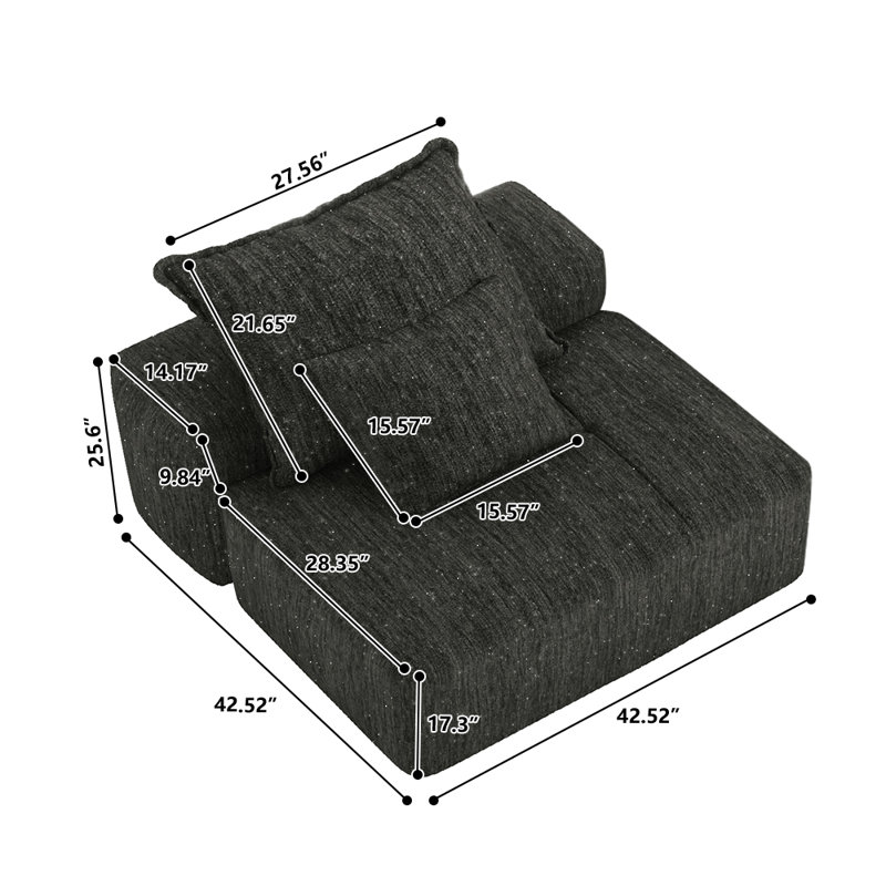 Canapé modulaire moderne noir, canapé en chenille 2 places avec repose-pieds, coussins capitonnés et coussin antidérapant noir moderne, aucun assemblage requis