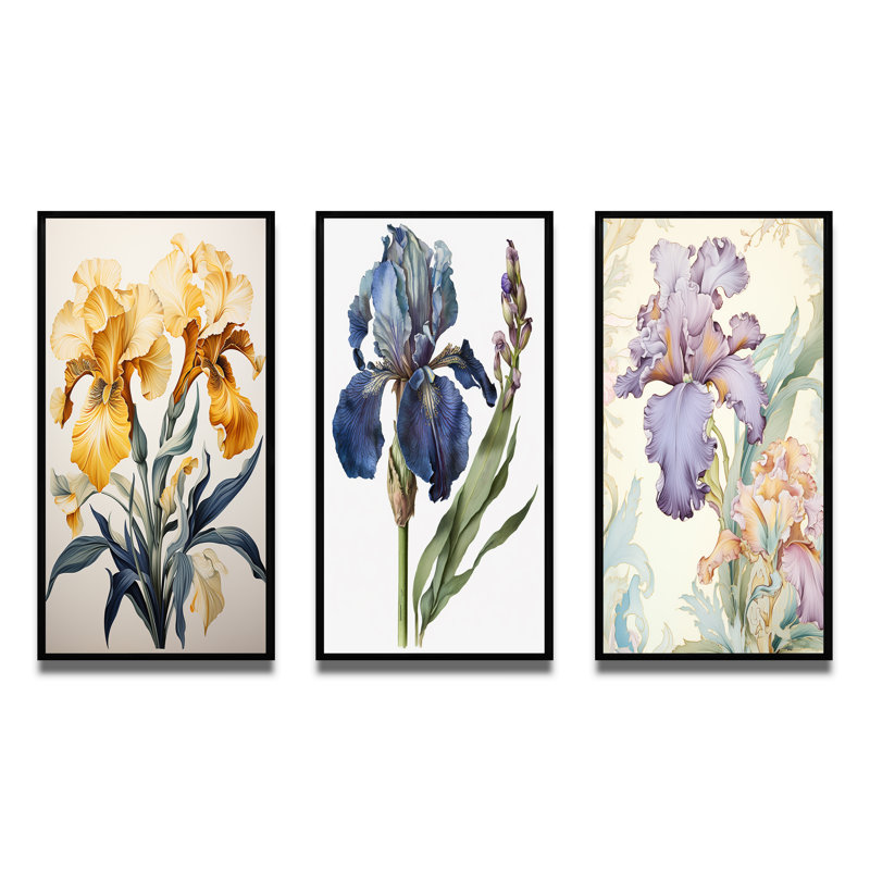 Illustration rétro d'iris dorés - Ensemble de 3 pièces, Cadre flottant noir, H 20 po x l 36 po
